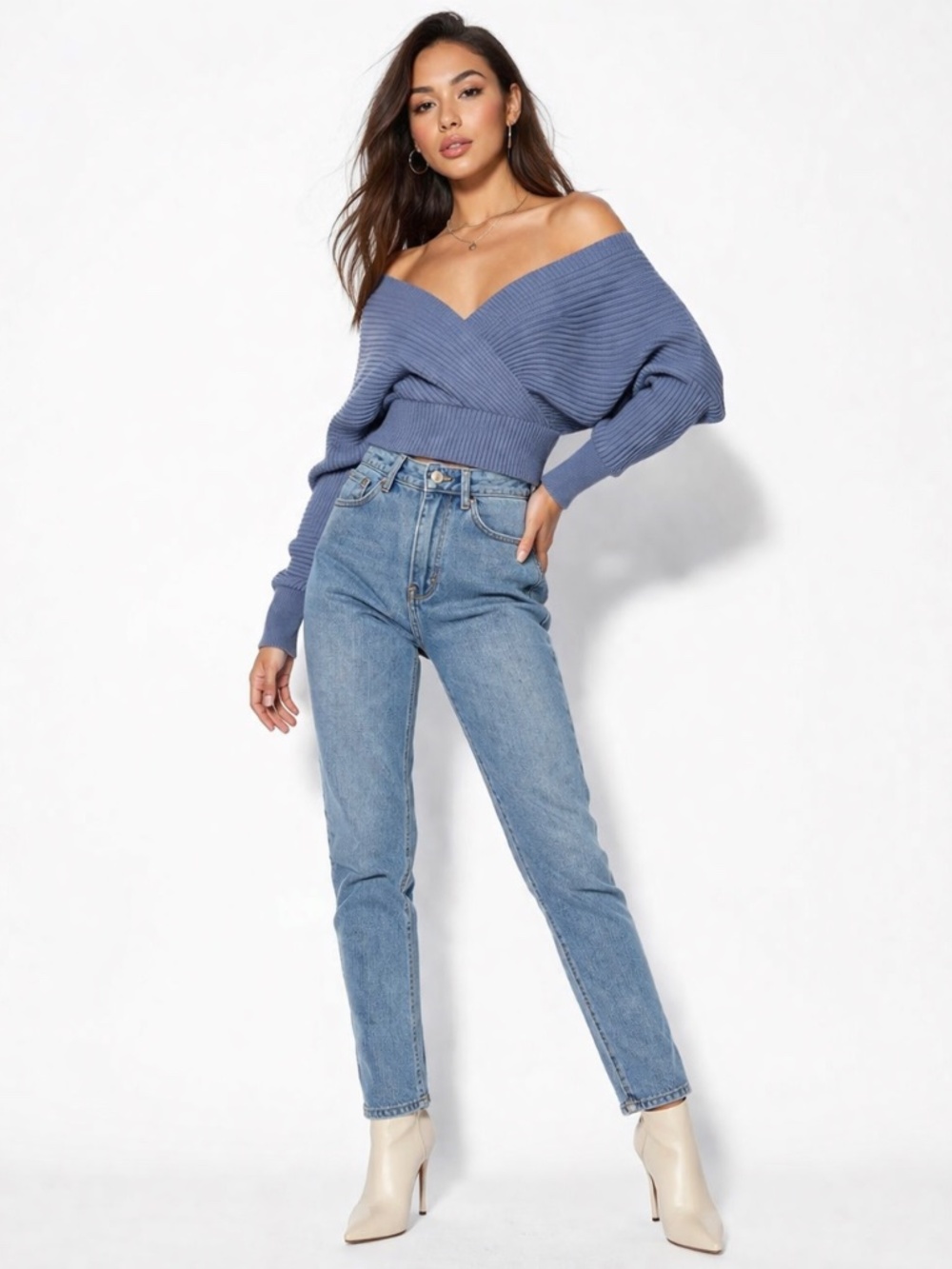 🌺 Dreamer by Debut Criss Cross V Neck Blue Sweater - Picture 2 of 12